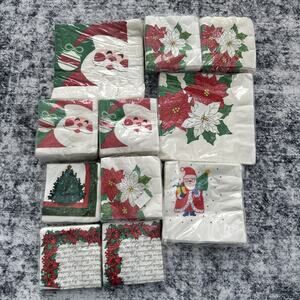 Vintage Christmas Napkin Lot 1988 KALA Poinsettia Santa Party Supplies Retro Set